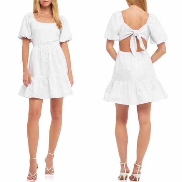 English Factory Mixed Media Puff Sleeve Back Bow Dress Size Large White - Picture 1 of 12